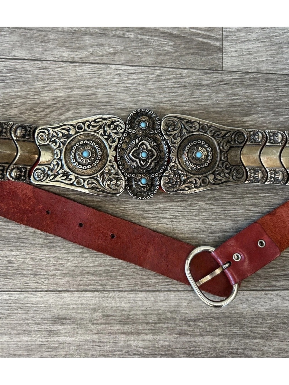 Vintage Red Leather Concho Belt Turquoise Silver Tone Western Boho 36.5” S/M - Picture 4 of 16